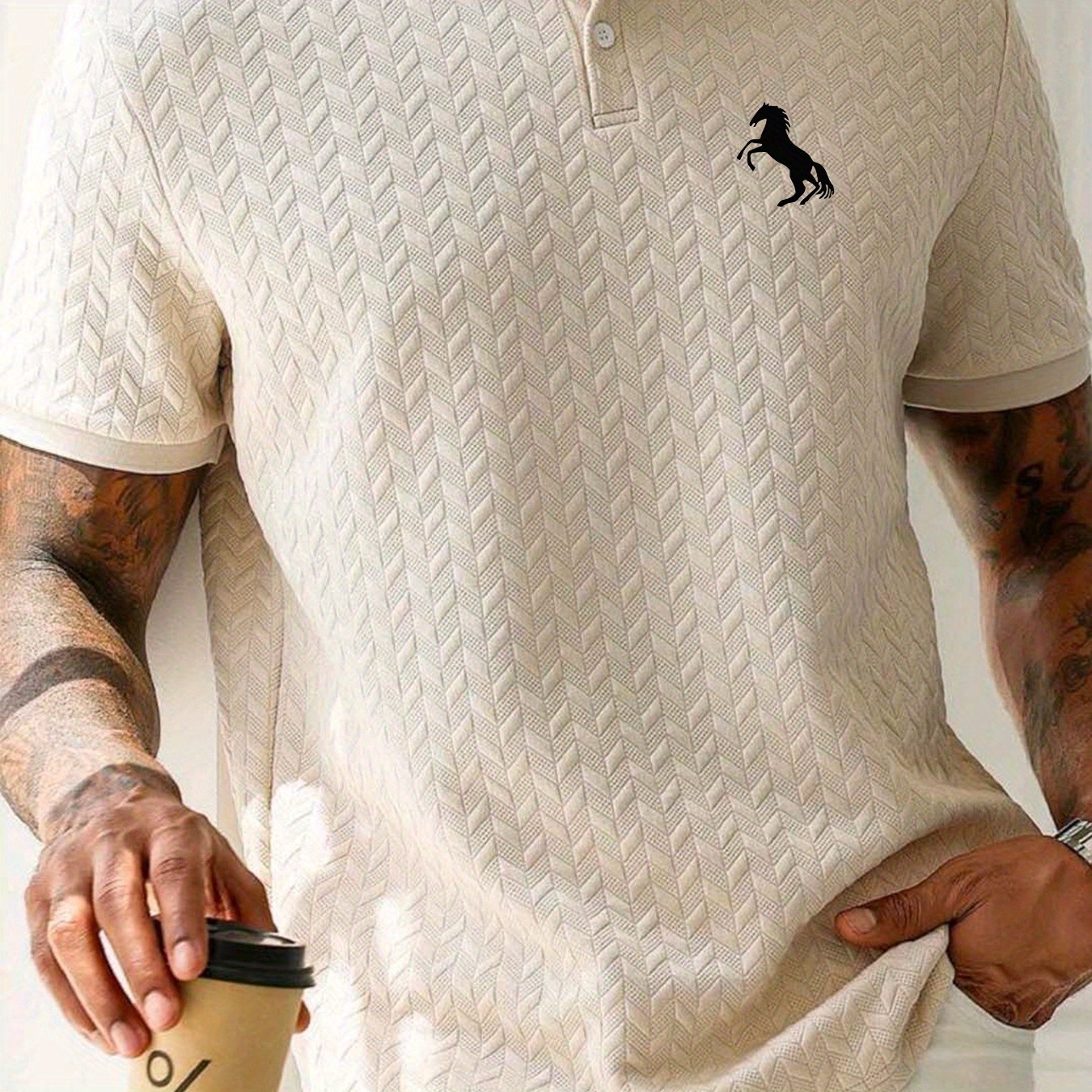 

Men's Casual Short Sleeve Knit Polo Shirt, Polyester Blend With Stretch, Summer Fashion Pullover With Button Details And Print Horse Emblem