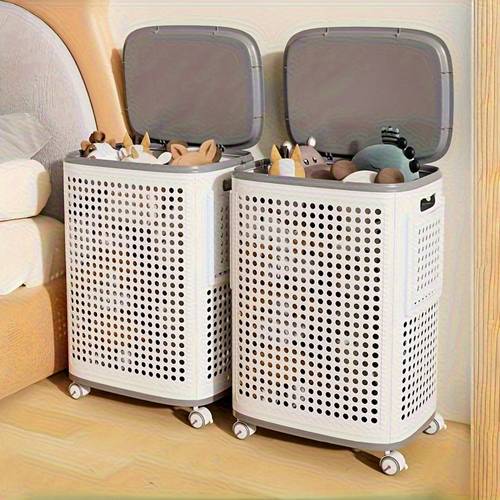 42pcs Rolling Laundry Basket with Wheels - Durable Plastic Rectangular Storage Hamper with Lid, Contemporary Design for Dorm, Bedroom & Bathroom Organization - Portable Mobile Laundry Basket for Towels, Toys, Clothes & More, Laundry Room Accessories, Dorm Room Organizer, Modern Aesthetic, Handles, Laundry Baskets