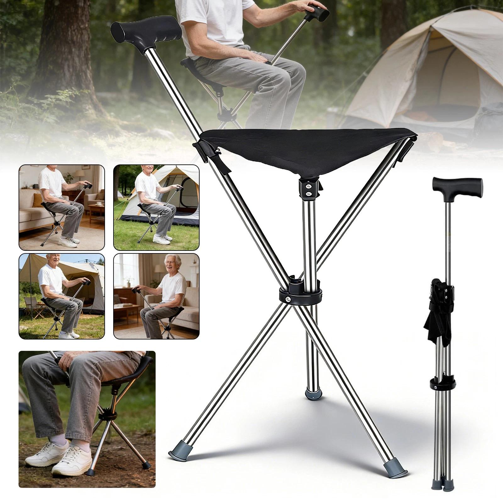Folding Cane Chair | Triangular Base, Stability On Terrains, 100kg Load Capacity, Stainless Steel And Polyester, Ideal For Camping, Hiking, Walking, And Other Outdoor Activities - Bedee