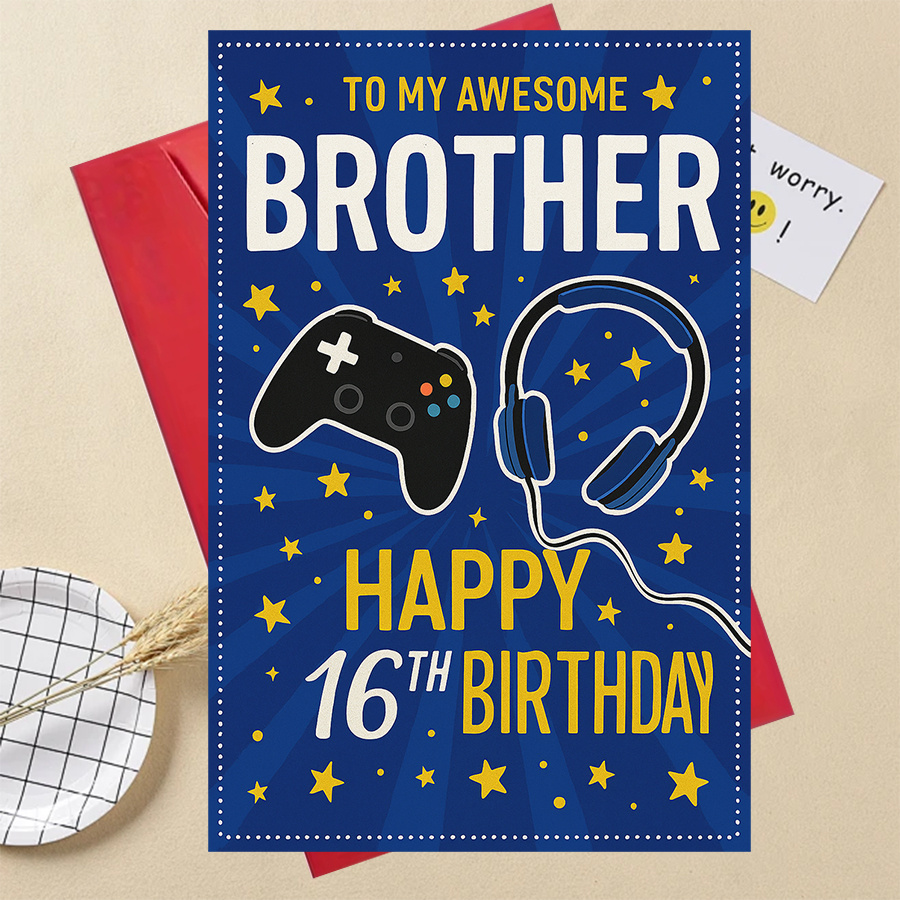 TEMU 1pc Funny Gifts Awesome Brother Birthday Card For Happy 16th Birthday Ideal For Gaming Fans Featuring A Game Controller And Headphones Design