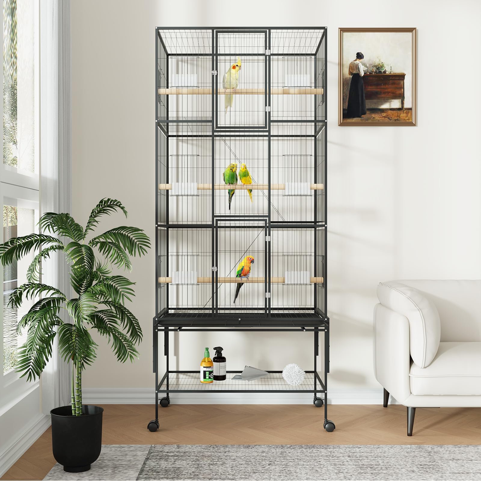 69" Xl Rolling Bird Cage Black Flight Aviary Wheeled Stand With Storage Shelf Easy- Perch Bowls For Parrots Macaws Conures Budgies