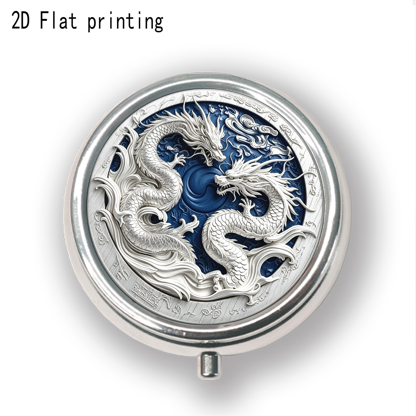 TEMU 1pc, Double Silver Dragon Embossed Cloud Pattern Round Pattern Medicine Box Metal Material 3 Grid Mini Medicine Box Portable Travel Vitamin
