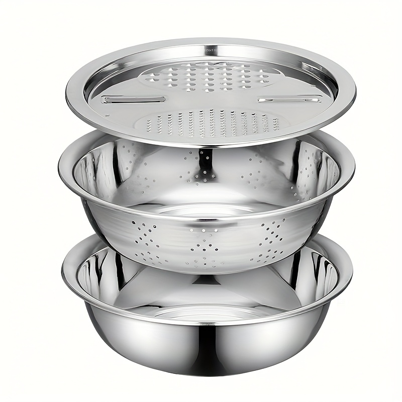 TEMU 3pcs Stainless Steel Kitchen Set With Integrated Grinder, Multi-functional Strainer & Mixing Bowl - Ideal For Cleaning & Slicing Fruits,