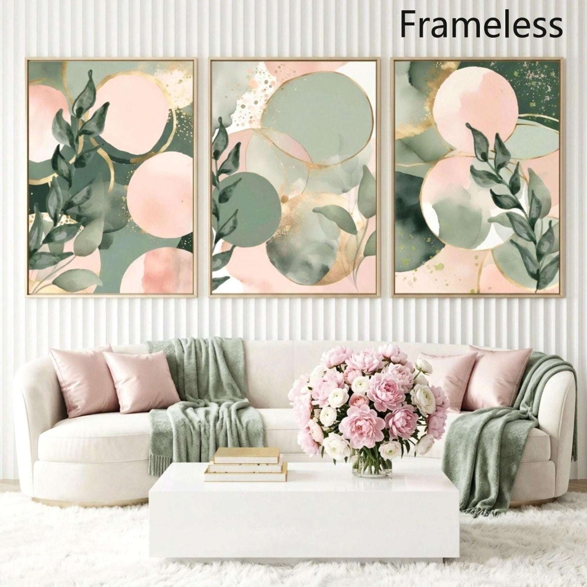 TEMU 2d Flat, 2d Flat 3pcs Botanical Wall Art Set: Sage Green And Pink Abstract Prints Festival Gift, Living Room, Bedroom, Office, Dining Room,