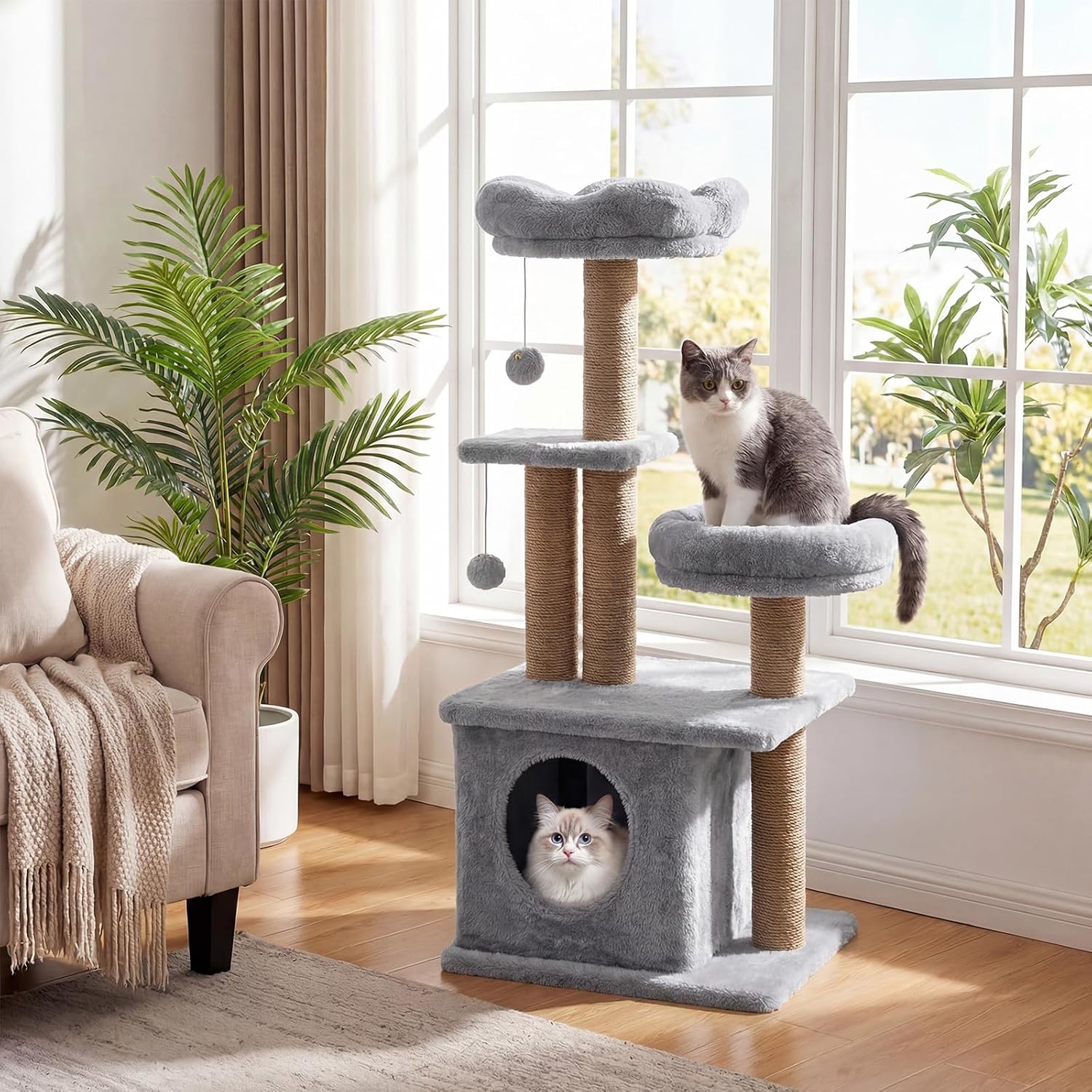 Image of 96cm Tall Cat Tower With Flower-shaped Padded Top Perch, Cozy Condo & Cat Bed, 2 Hanging Bell Balls & Scratching Posts, Multi-level Pet For Christmas, Grey