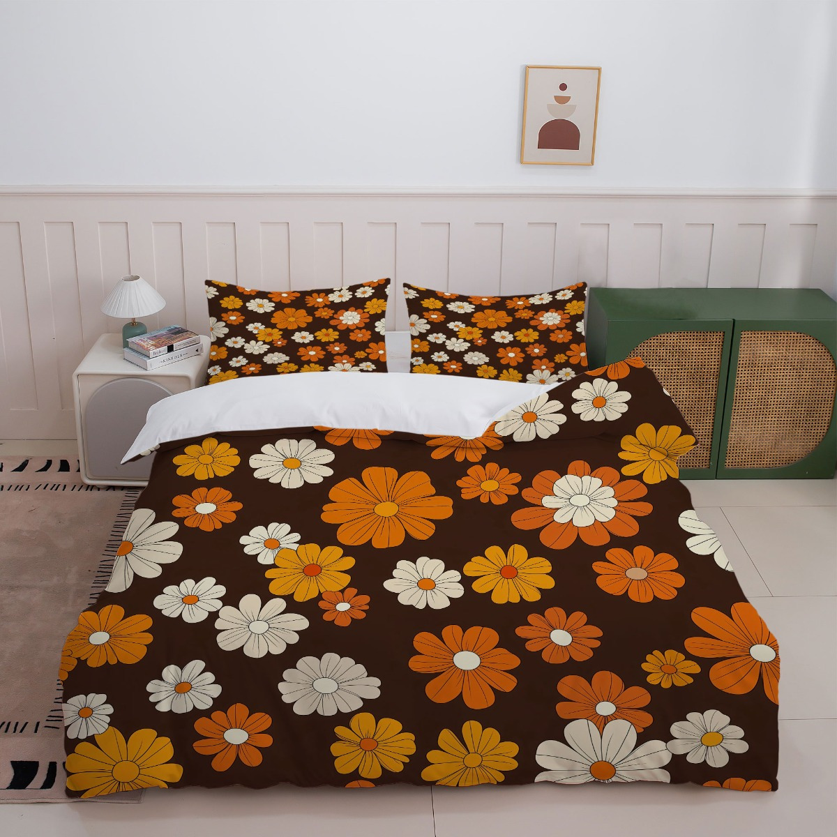 TEMU 3pcs Retro Floral Bedding - Brown And Print (1 Duvet Cover And 2 Pillowcases, Core Not Included) - Perfect For Bedroom Decor