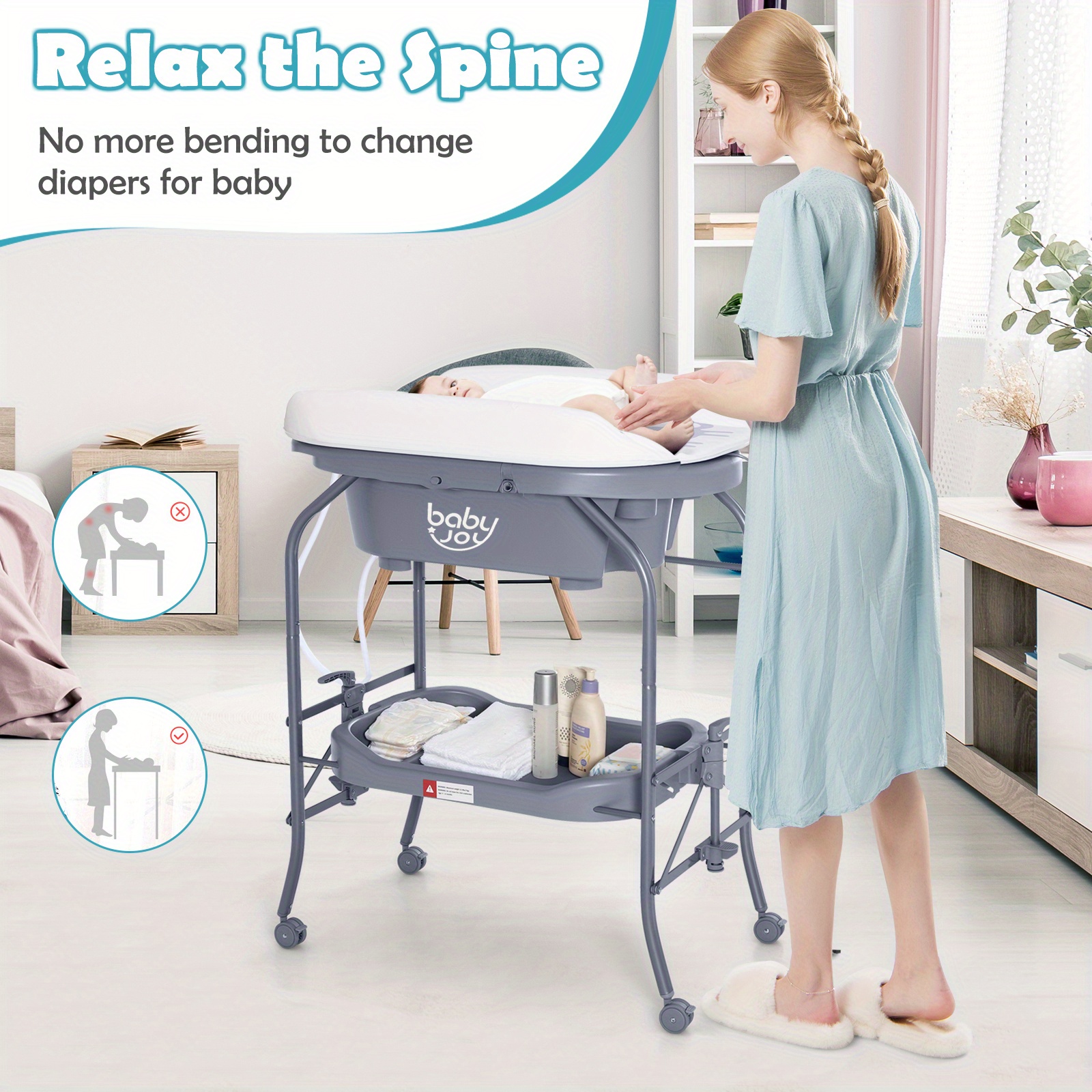 Grey COSTWAY 2-in-1 Folding Changing & Bathtub Table Mobile Nursing Station w/ Lockable Wheels & Storage Basket - Image 6