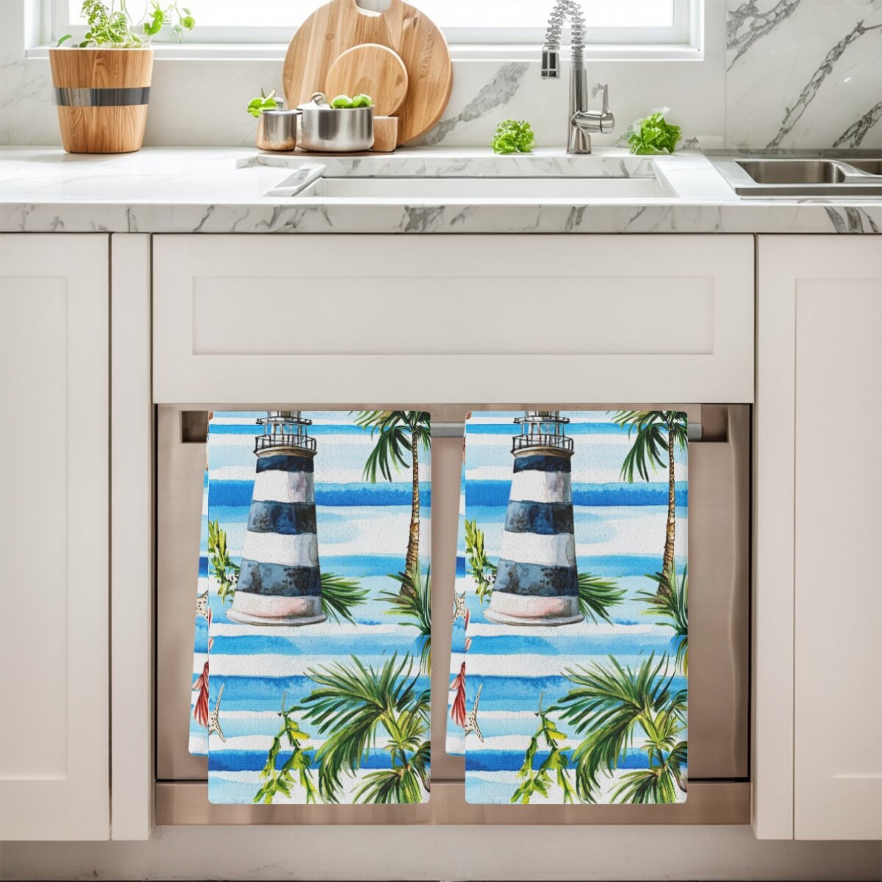 2pcs tropical lighthouse & palm tree kitchen towels - absorbent polyester dish cloths with nautical and  , ideal for home decor and housewarming gifts, hand wash only details 3