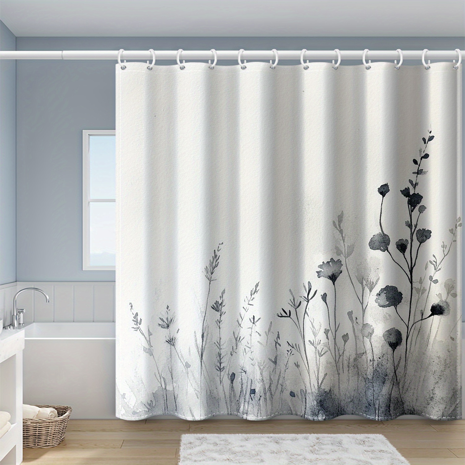 TEMU 1pc Elegant Black And White Ink Print Shower Curtain With , Polyester, Machine Washable, Includes Plastic Hooks, For Bathroom Home Decor,