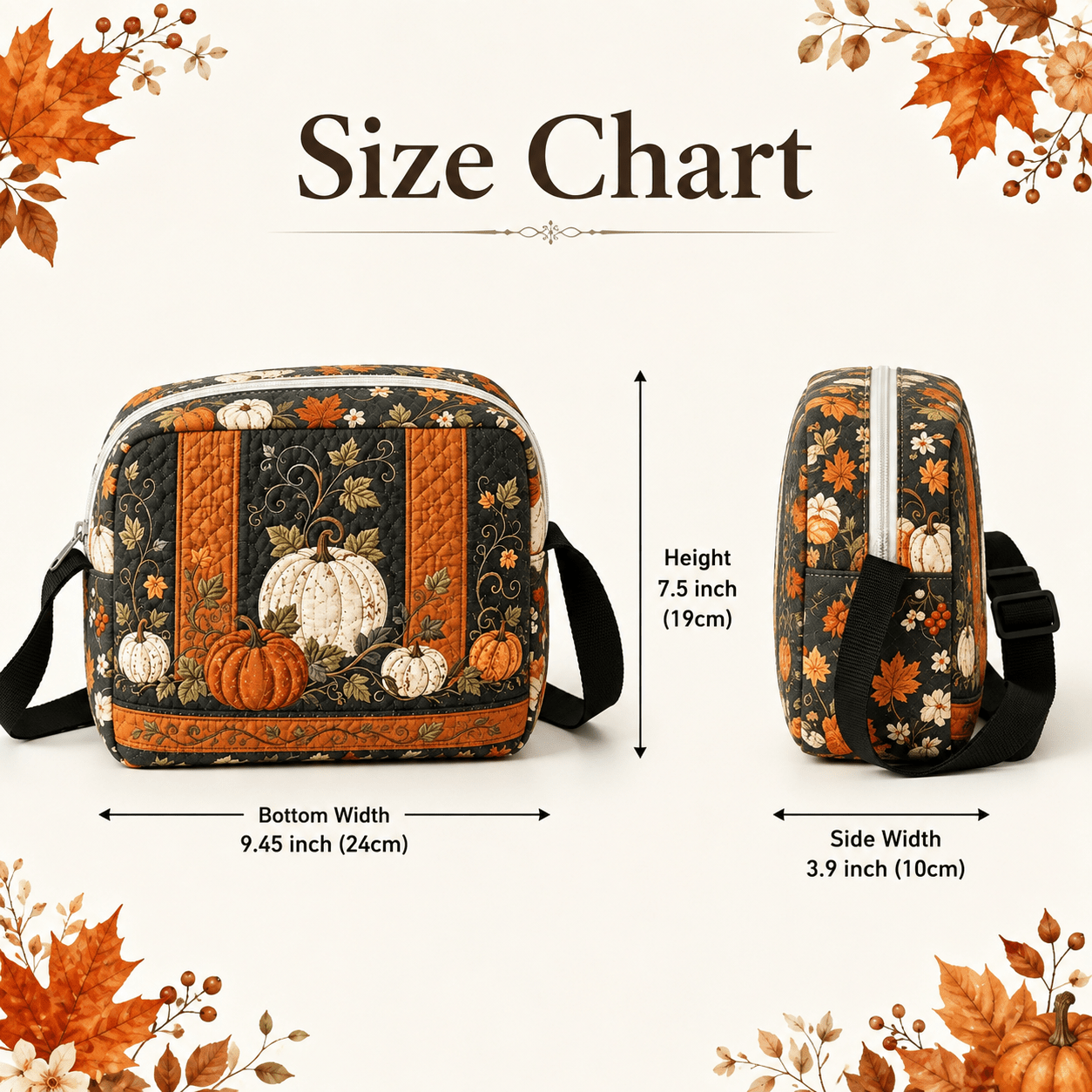 TEMU Women's Autumn Pumpkin Quilted Crossbody Bag Suitable For , Adjustable Strap & Zipper Closure, Retro Harvest Leaf Print & Pumpkin, Machine