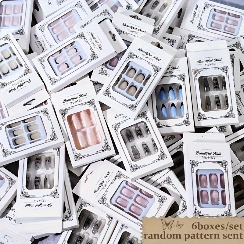 TEMU Of 24 Sheets -2 Boxes Of 48 Sheets Nail Stickers: Mixed Style, Short Square, Long Trapezoidal, Medium Almond Shaped, Random Pattern, Acrylic Nails+6 +1 Mini Nail File, 24 Sheets Per Box