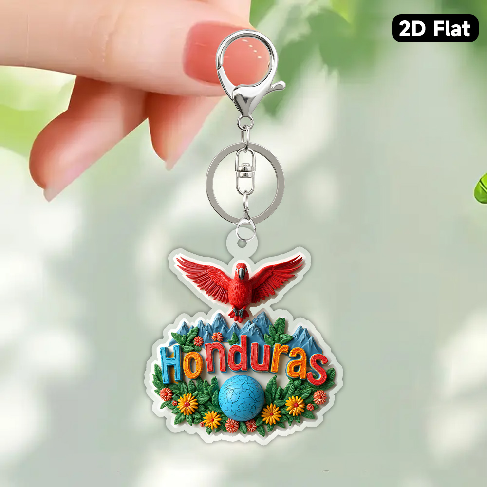TEMU Llavero Acrílico 2D - Llavero en 2D con un de Honduras, junto con una tropical llena de plantas exuberantes y flores brillantes. Un regalo ideal