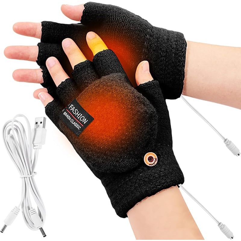 TEMU Women's& Men's Usb Heated Gloves Knitting Hands Full& Half Heated Fingerless Heating Warmer With Button Washable Design