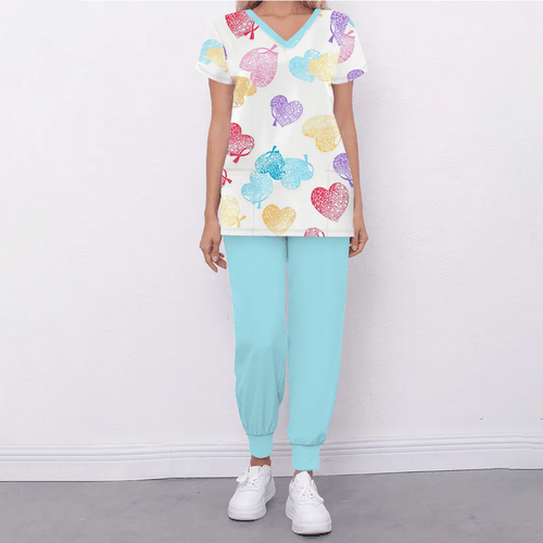 item picture heart balloon style womens summer uniform set with colorful heart balloon print in red blue yellow and purple v neck short sleeve blue jogger pants with a stethoscope suitable for ob gyn nurses