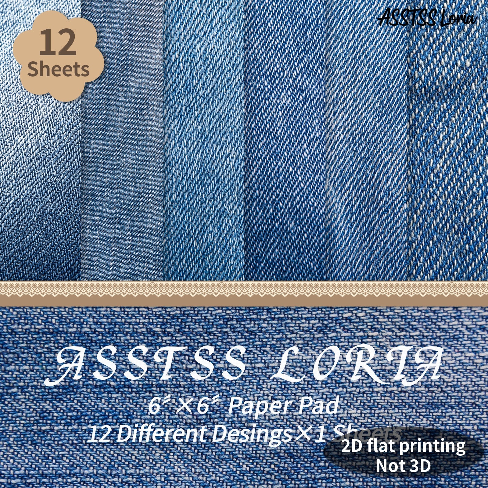 TEMU Bloc de papier scrapbooking ASSTSS Loria 6X6 pouces, 12 feuilles, texture denim bleu / papier de , papier cartonné épais pour journaling, art de