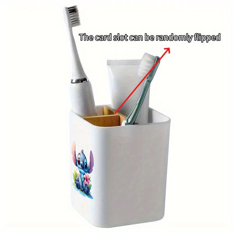 TEMU 1pc Stitch Toothbrush Holder - Cute Cartoon Design, Multi-compartment Bathroom Organizer For Toothbrushes, Toothpaste, Dental Floss & Razors -
