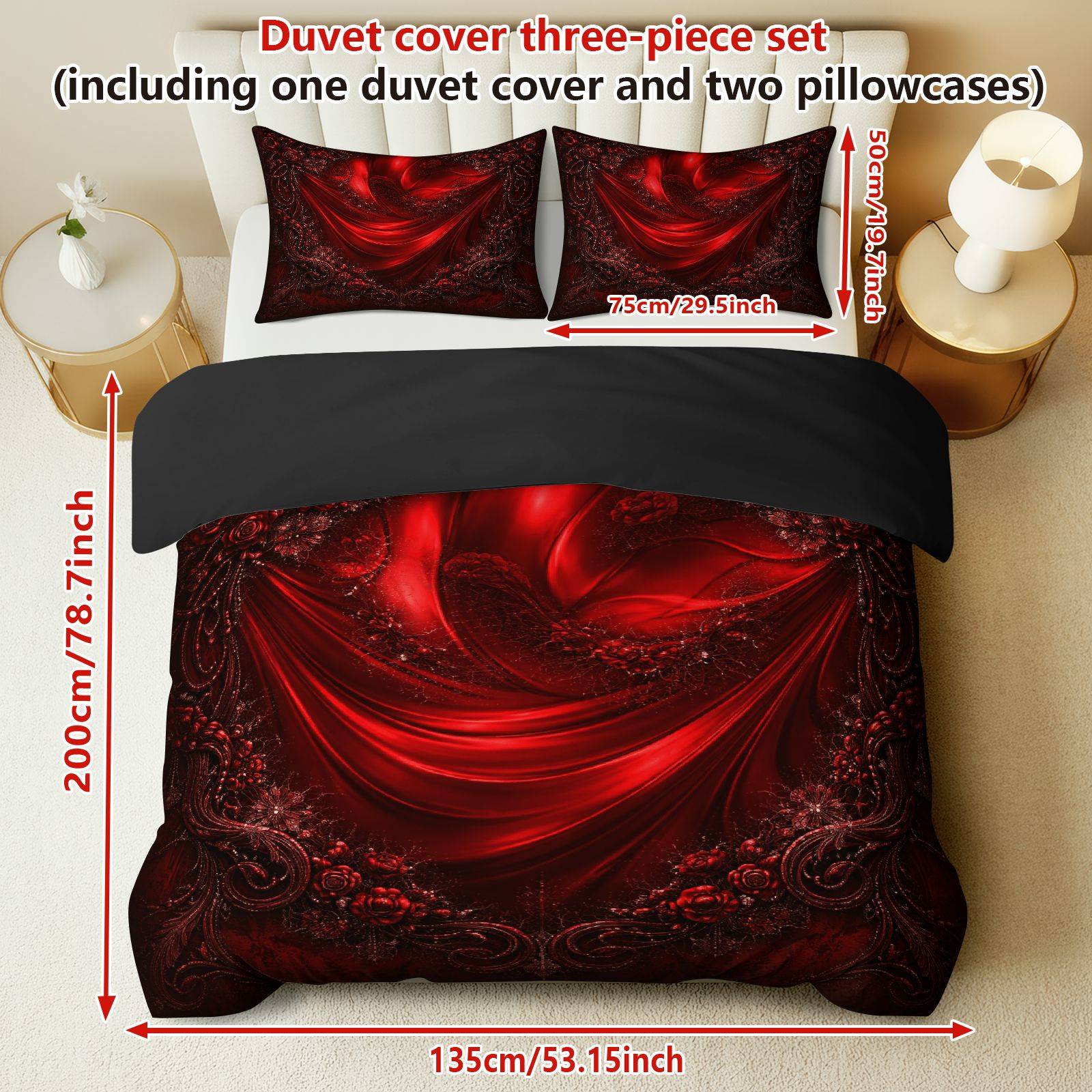 TEMU 3pcs Duvet Cover Set, 1 Duvet 2 Pillowcases( Without Filler), Elegant Red Luxurious Floral Artistic Romantic Theme, Valentine' S Day Bedding,
