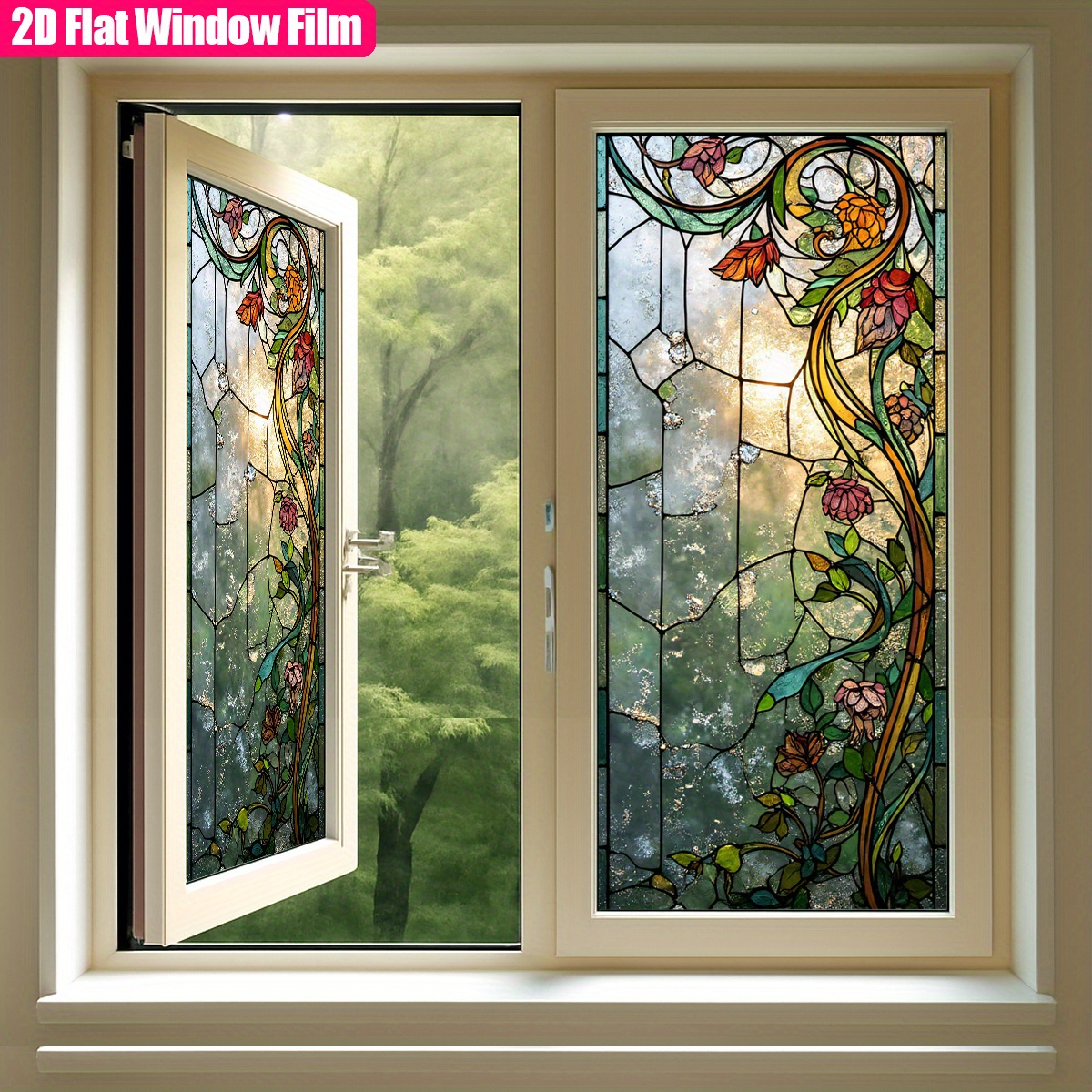TEMU 1pc Frosted Static Cling Pvc Window Film - Art Deco Floral Vine Stained , Thick Privacy Decorative Film, Non-adhesive Static Cling For Bathroom