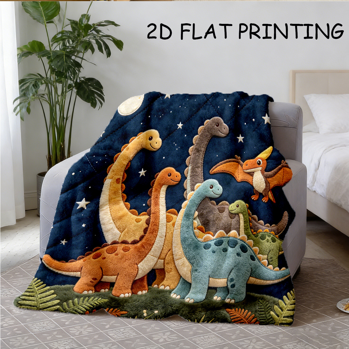 TEMU 1 couverture en peluche "Ciel Noir Marin" avec dinosaures patchwork, réaliste 3D, en peluche, Brachiosaurus, Pterodactyle, feuille de fougère,