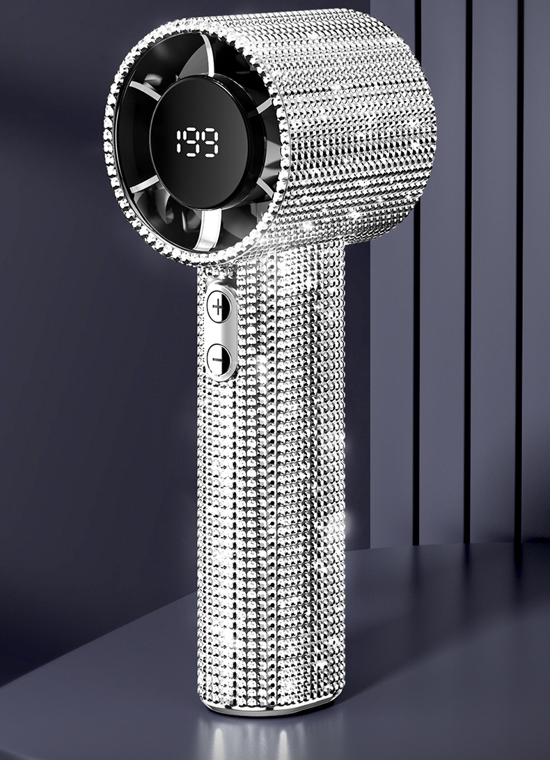 Diamond-Style Handheld Fan, Portable Hand Fan, Adorned with Sparkling Faux Diamonds, High-Speed Fan with 199 Adjustable Speed Settings, Featuring a Digital Display, USB Rechargeable, Exquisite Long-Lasting Battery Life, Available in Two Colors