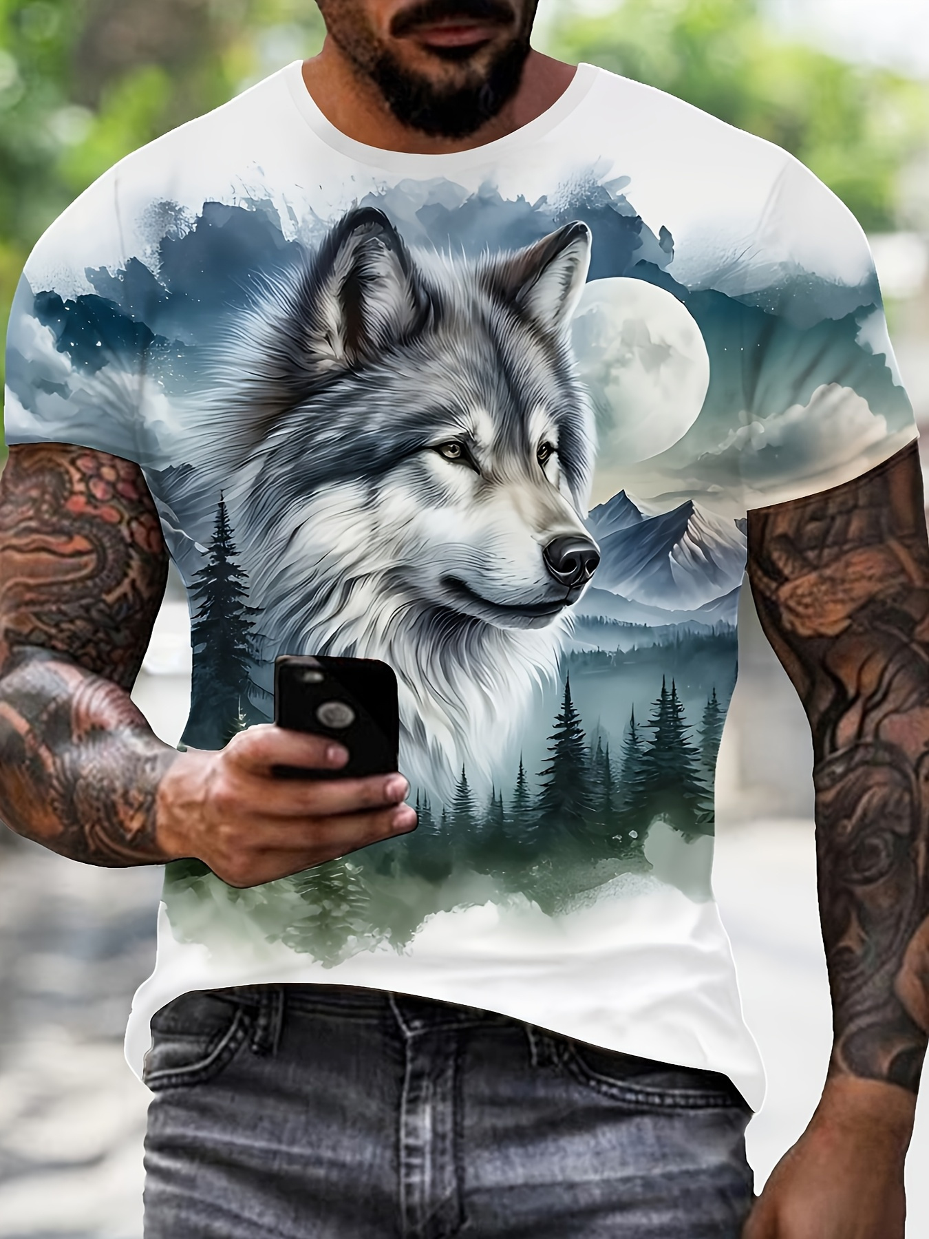 mens plus size 3d wolf and mountain print t shirt comfortable round neck short sleeve tee for streetwear and casual attire streetwear tshirt wolf print shirt stretch   size white 0