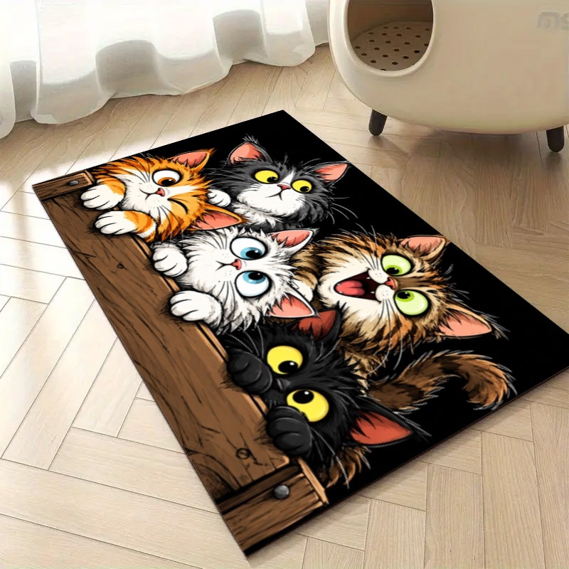 TEMU Cute And Probe Cartoon Kitten Pattern Mat For Cats, Black Background Pet Water Mat, Multi- Available, Suitable For Home Pet Feeding Area