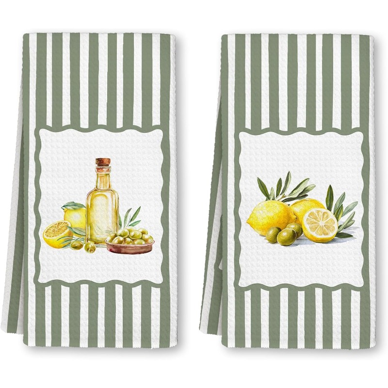 TEMU 2pcs Torchons rayés style ferme vert et vert sauge - Tampons à récurer au citron et à l'huile d'olive, réutilisables, pour la vaisselle et la