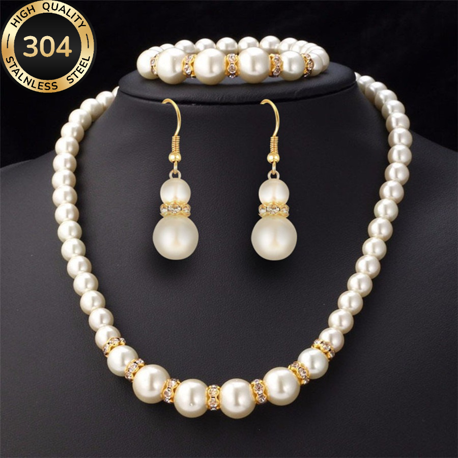 TEMU A 4pcs Set Of Luxurious Gold-colored 304 Stainless Steel Earrings, Bracelet, And Necklace, Featuring Pearls. It's Hypoallergenic And Parties,