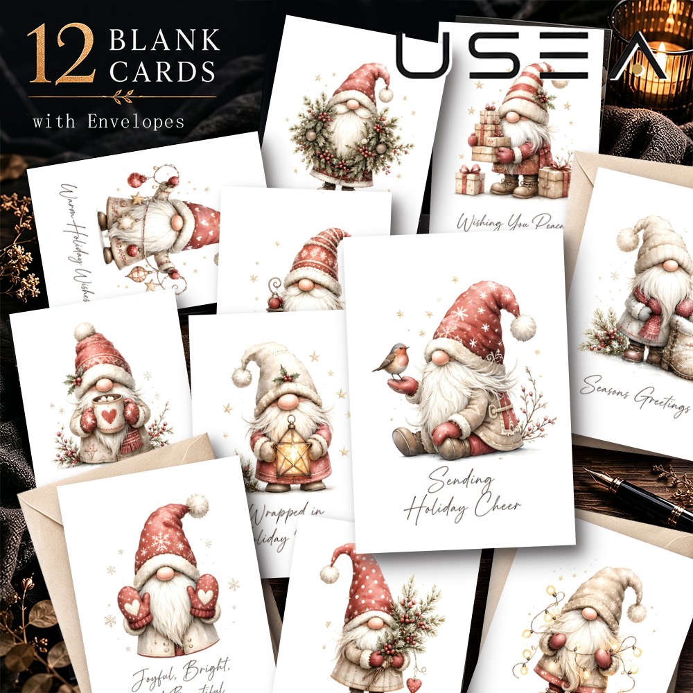 TEMU (12 Greeting Cards And 12 Envelopes) Funny Christmas Cards Bulk, Assorted Merry Christmas Blank Cards, Watercolor Vintage Gnome Holiday
