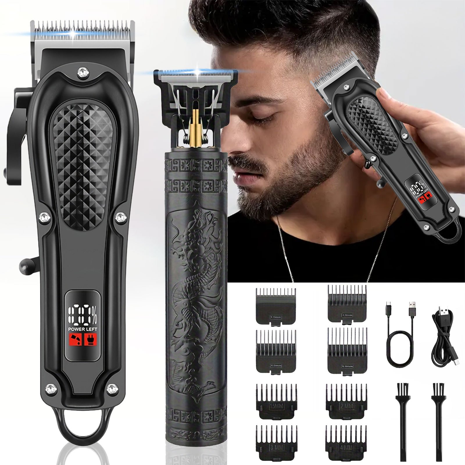 TEMU Tondeuse à cheveux, rasoir et tondeuse à barbe professionnels fil avec un design en T espace zéro, dotés d'un chargement USB et d'un écran LCD -