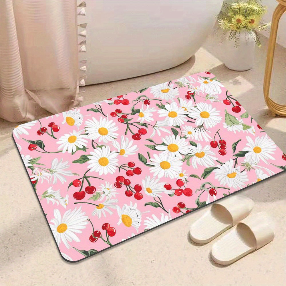 

Cherry Daisy Pink Floral Quick-dry Bath Mat - Diatomaceous Earth, Non-slip Rectangular Rug For Bathroom, Kitchen, Balcony, And More - Soft & Decorative Home Decor Gift