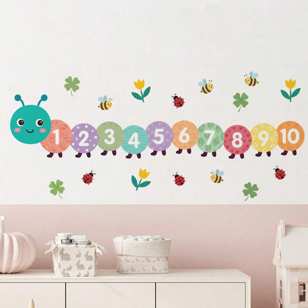 Image of 1pc Macaron-colored Numbered For Caterpillar Wall Decal, Bee, Ladybug, Clover Combination, Number Recognition Bedroom Removable Sticker,school Decoration