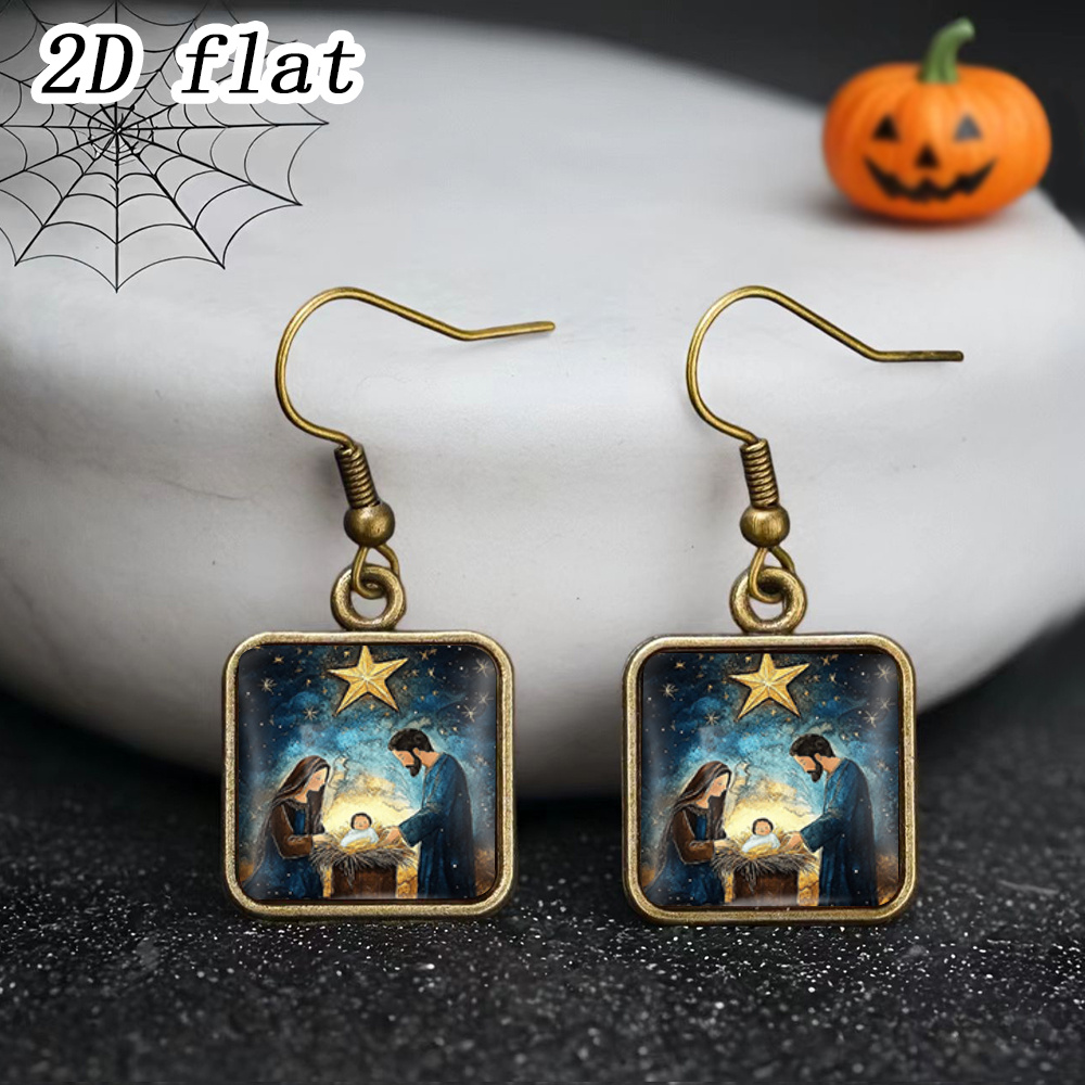 TEMU 1 Pair Handmade Religious Nativity Jesus Holy Drop Earrings - Square Glass Suitable For Christmas, Nativity Play, Church Events, Daily Wear,