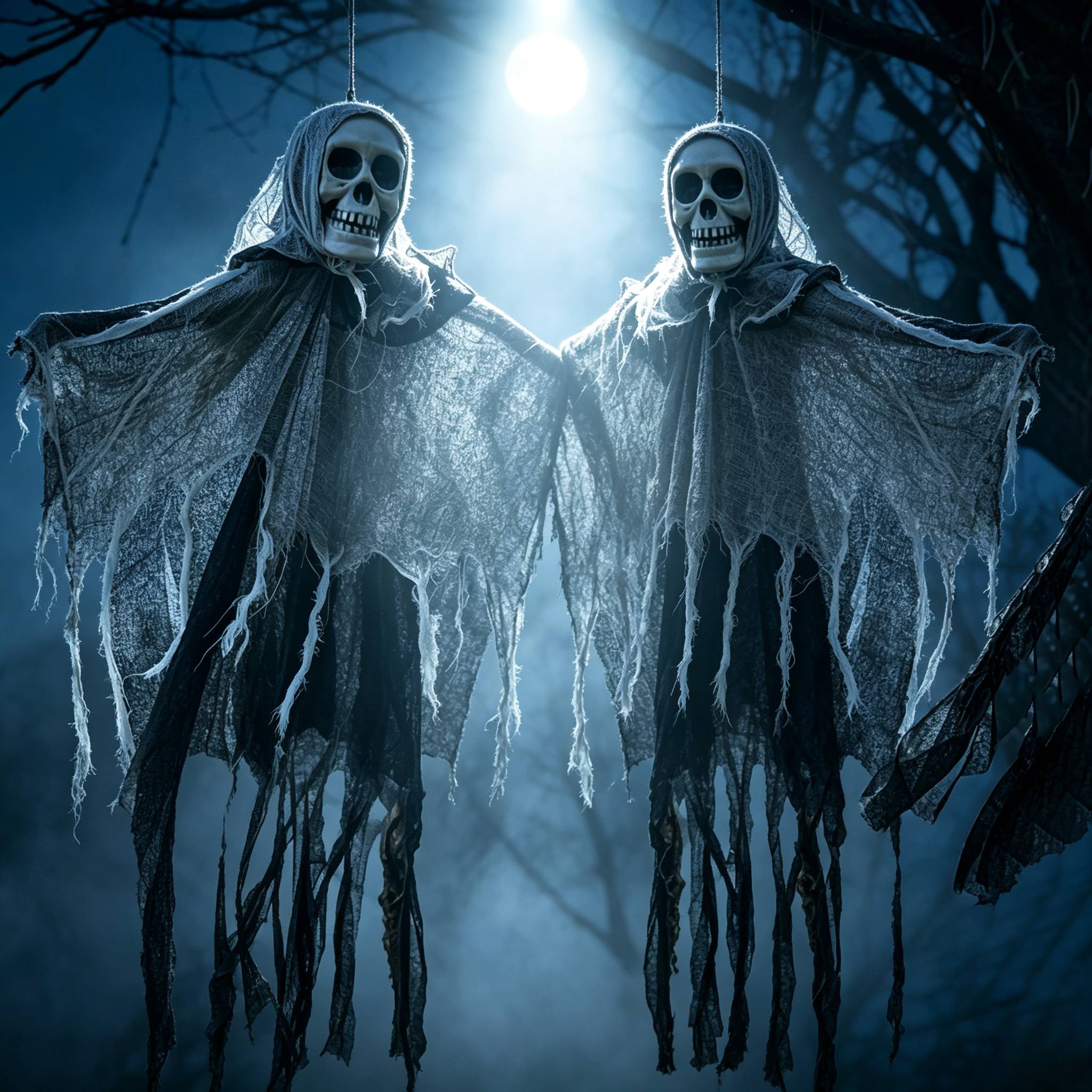 Image of 2pcs Set Halloween Hanging Ghost Decorations, Eerie Gauze Ghost Ornaments, Suitable For Yard, Trees, Haunted Houses, And Halloween Party Decor