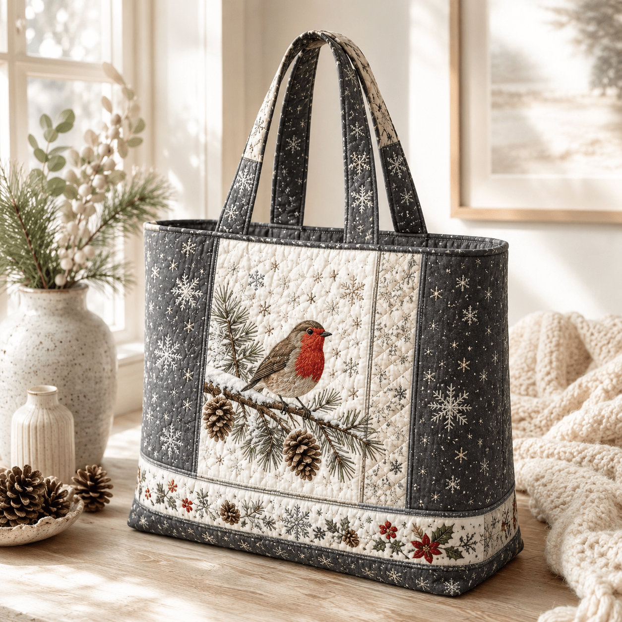 Image of 17*15inchwomen's Quilted Tote Bag With Winter Robin Bird And Snowy Pine Branch Embroidery, Gray Quilted Pattern, Soft Handheld Bag, Large Capacity Tote For School, Work, Gym, And Weekend