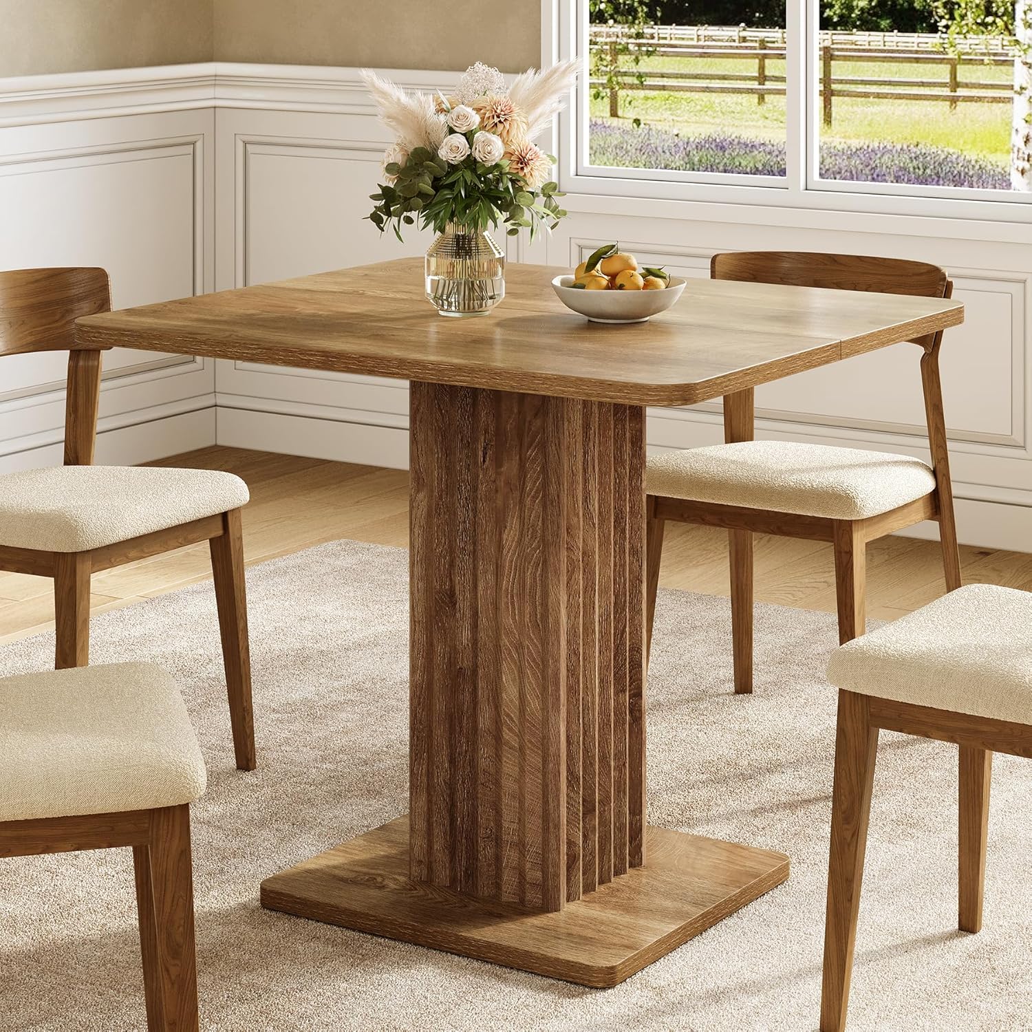 Image of 35.43" L X " W Wood Dining - | Style With Fluted Base, Brown, Weather Resistant, Wood Top, Metal Frame, Assembled By Fnova