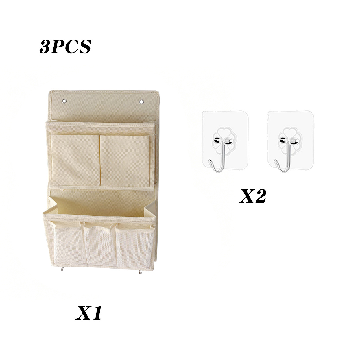 TEMU 3pcs Set Of Gray Fabric Hanging Bag 1pc And Transparent Hooks 2pcs, For Closet Storage, 2-layer Hanging Bag, Dorm Bedside Storage Hanging Bag