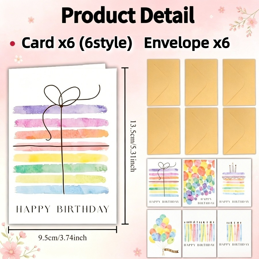 TEMU 12pcs (includes 6pcs Greeting Cards And 6pcs Envelopes) Watercolor Birthday Card Set, 6pcs Unique Text Designs, , Palette, Suitable For Parties,