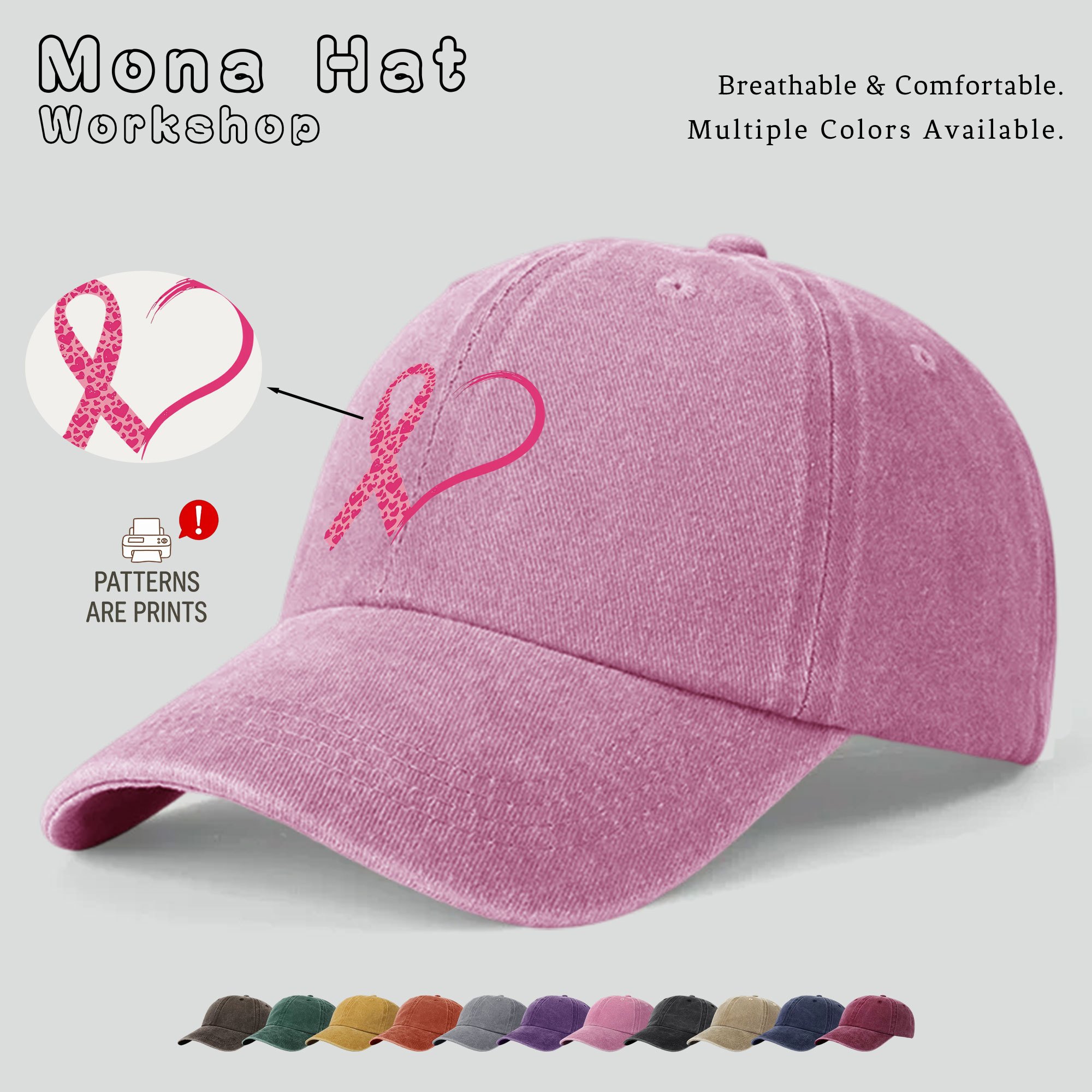 TEMU 1pc Women's Breast Cancer Awareness Printed Baseball , Women's Pink Pattern Unisex Soft Top Hat Trucker Hat, Breathable Adjustable Headband