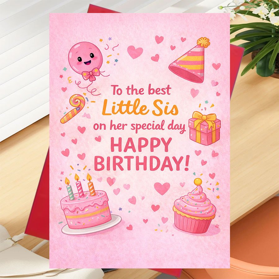 TEMU 1pc Greeting Card And 1pc Envelope. Pink Themed Cute Card 1pc, Suitable For Older Sister To Give Sister On Special Occasions, Includes Balloon,