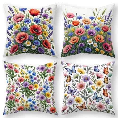 item picture 4pcs wildflowers butterflies throw pillow covers contemporary floral cushion cases with zipper closure colorful botanical print suitable for sofa bed machine washable decorative pillow shams for housewarming gifts