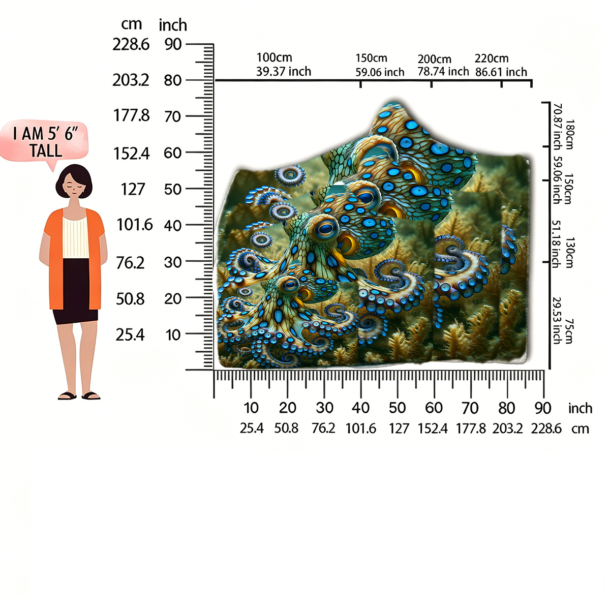 1pc Blue-ringed Octopus And Print Hooded Wearable Blanket - Ultra Soft Sherpa Lined Cozy Cape For Ocean And Fans: retailer-supplied image
