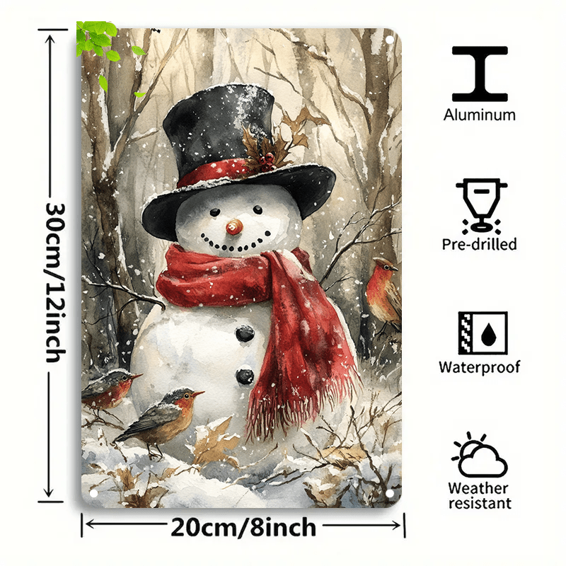TEMU 2d Flat, Vintage Aluminum Wall Art Sign - Snowman In Black Hat & Red Scarf Scene With Birds, 12x8 Inch Rustic Christmas Home Decor For Bedroom,