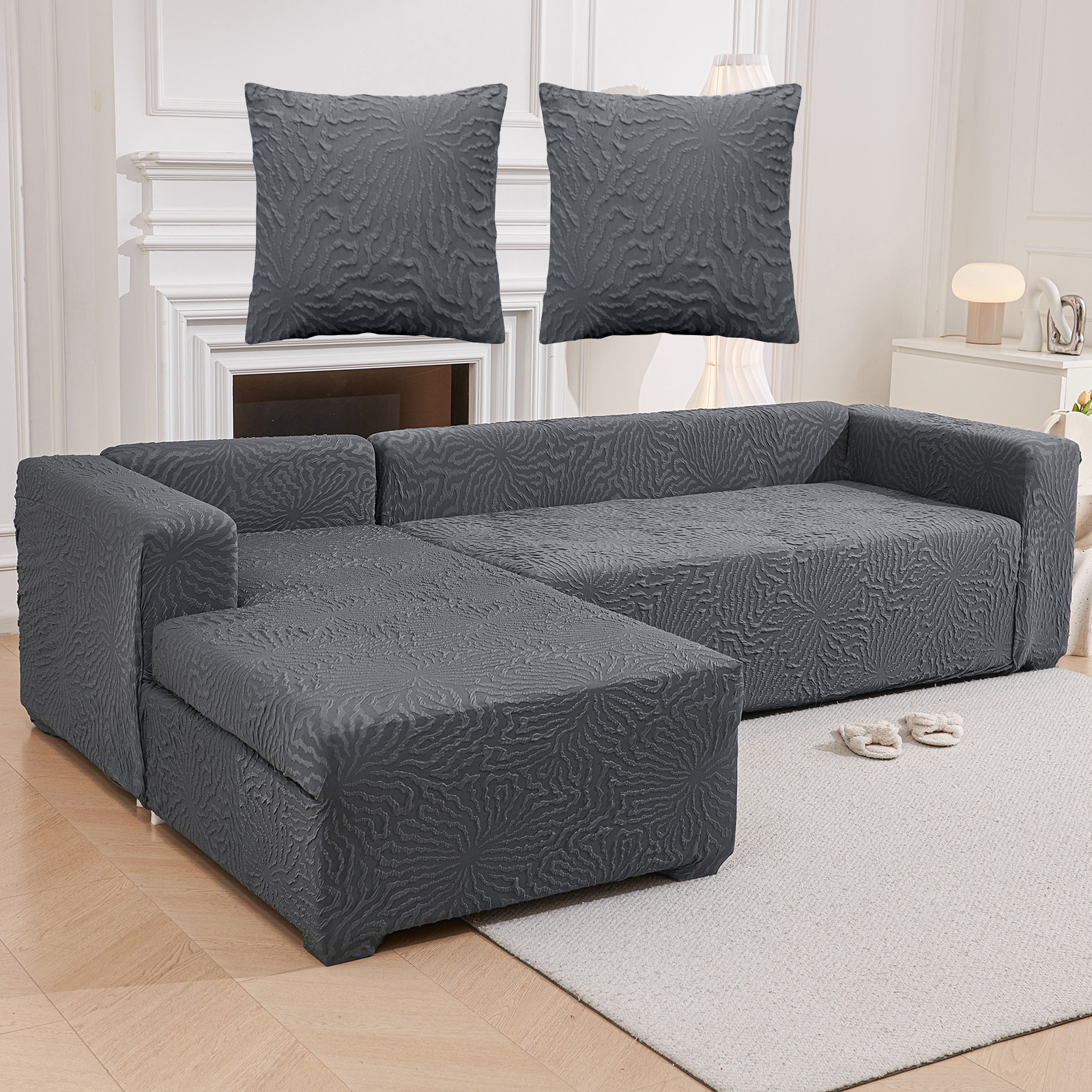 L-shaped Sectional Sofa Cover Set, Thick 3d Jacquard Stretch Slipcover With 2 Free Pillow Covers, 4 Way Elastic Fabric, Pet Friendly, Machine Washable Universal Couch Protector For Chaise Lounge Sofa