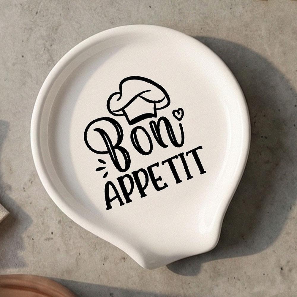 TEMU Chef Hat And Bon Ceramic Spoon Rest, Minimalist Hand-drawn Design, White Ceramic Spoon Holder For Stove Top And Kitchen Counter, Housewarming