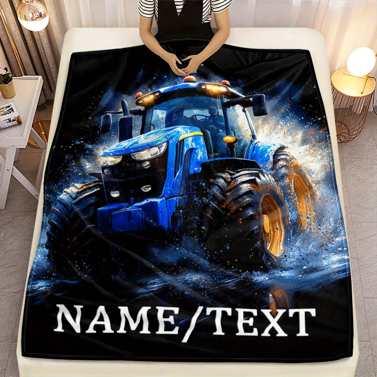 TEMU Customized 1pc Personalized Tractor Design Blanket - Lightweight Flannel Throw For Travel, Living Room, Office, Couch, And Bed - Fleece Blanket
