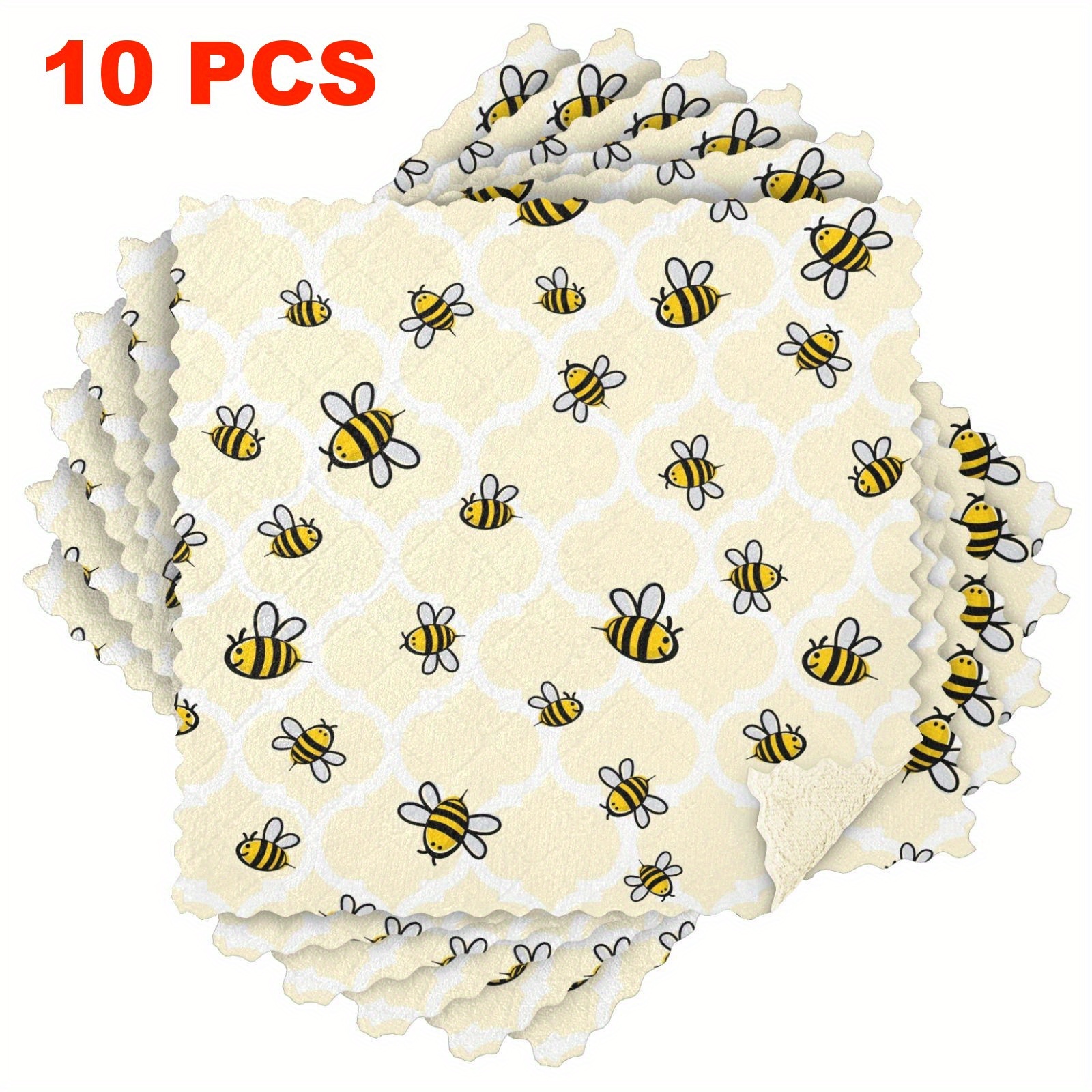 TEMU 3/6/10-pack Kitchen Dish Towels Bee Pattern Reusable Cleaning Cloth Microfiber Scouring Pad Highly Absorbent Easy To Clean Thick Fleece
