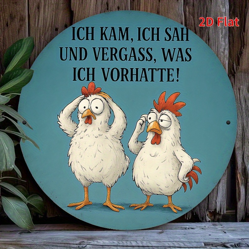 E-shop 2D-Flach, 2D-Flache Metall-Wandkunst | Zwei verwirrte Hühner mit deutschem Spruch, rustikaler blaugrüner Rand, für Zuhause, Büro, Schlafzimmer,
