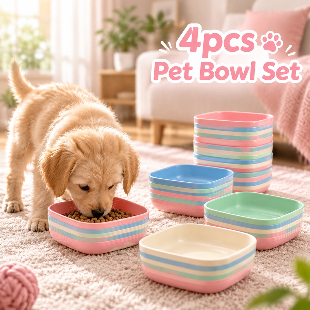 TEMU 4pcs Feeding Set Heavy Duty Compact Plastic Pet Bowls Random Color Durable Water Food Dish For Kittens Adult Cats Indoor Essentials Lightweight