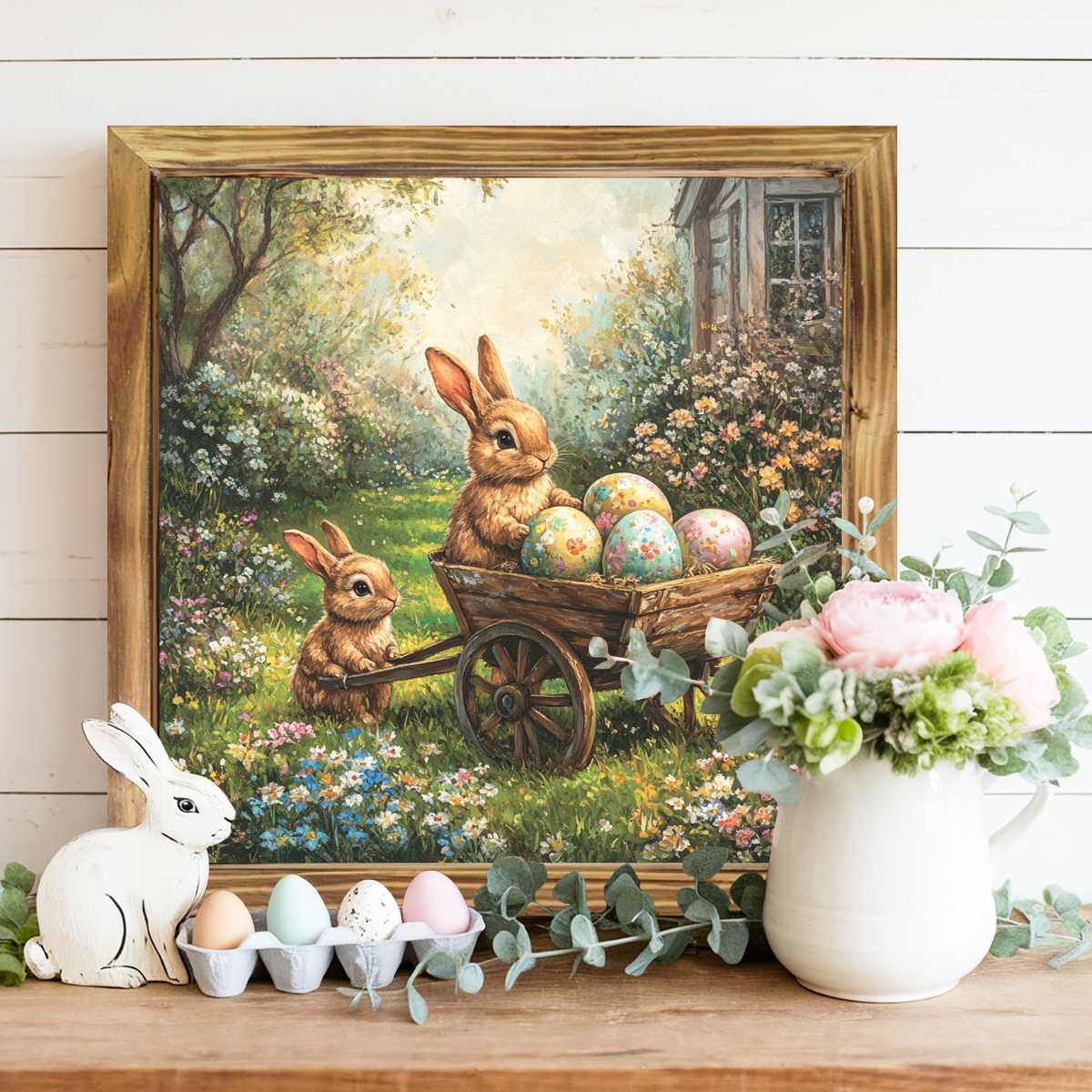 

Rustic Farmhouse Rabbit & Eggs Wooden Sign - 8x8 Inch Vintage Wall Art For Home Decor, Bedroom, Kitchen, Bathroom, Office, And Living Room - Ideal Easter Gift Or Housewarming Present